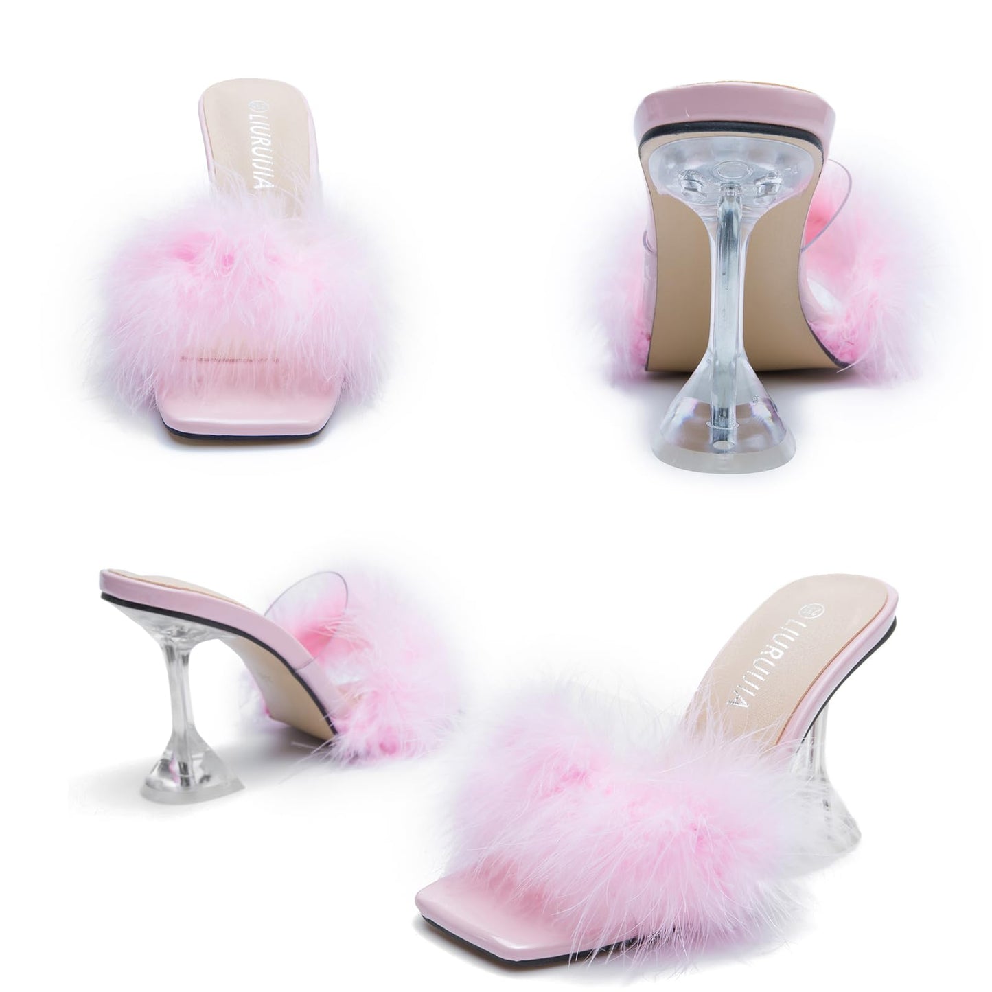 Women's Feather High Heeled Mules Slip On Sandals Square Toe Bridal Wedding Party Shoes Fuzzy Fluffy Sexy Clear Heels Pink 40 US 8