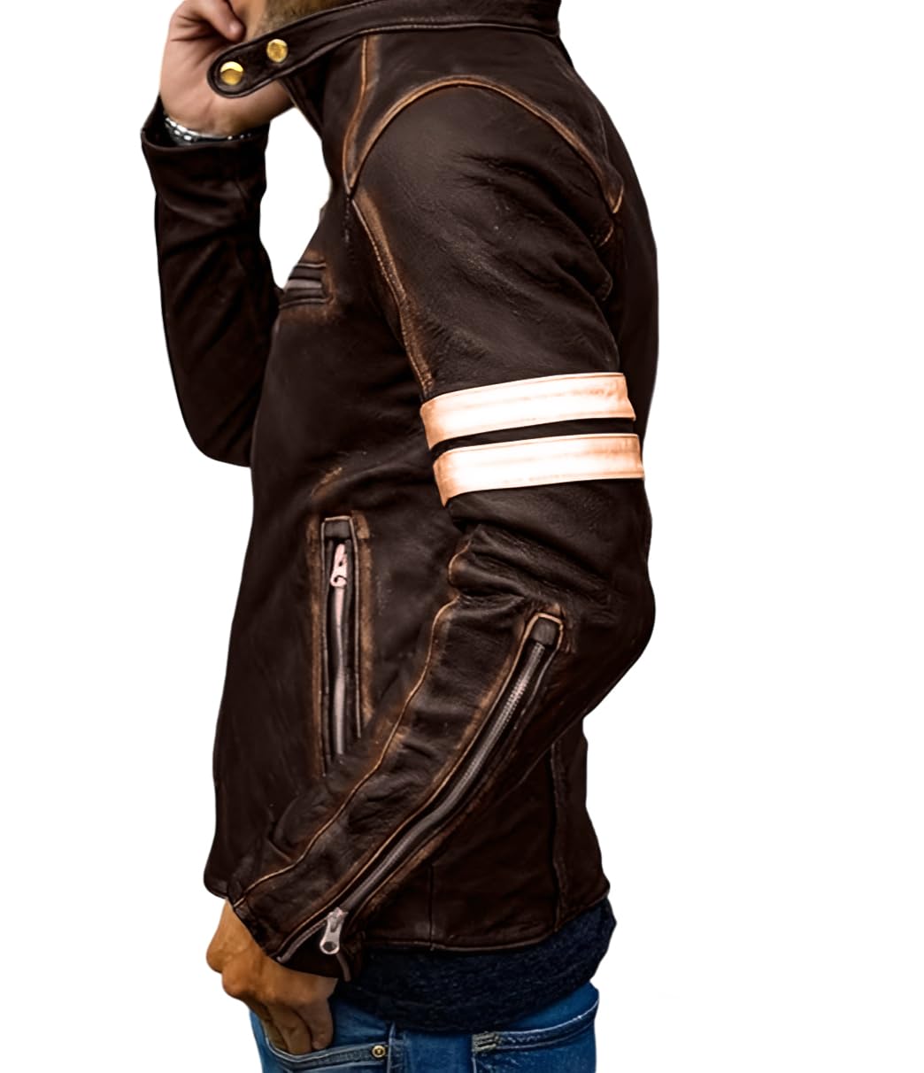 Jild Distressed Café Racer Brown Leather Jacket Men - Genuine Lambskin Leather Biker Style Mens Vintage Motorcycle Jacket (YP-Brn-L)