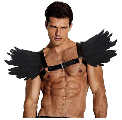Men Vintage Natural Real Feather Epaulet Shrug Leather Belt Shoulder Strap for Halloween Costume, Belt Black