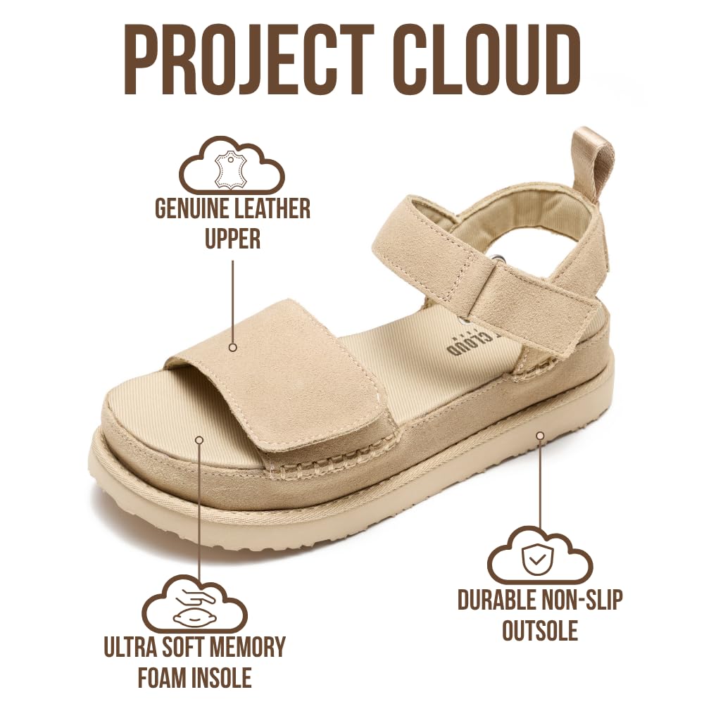 Project Cloud 100% Genuine Leather Platform Sandals For Women - Memory Foam Insole Slip Resistant Chunky Womens Sandals with adjustable straps - Wedge Sandals for Women 2026 (Bronzestar, WHEATSDE,9)