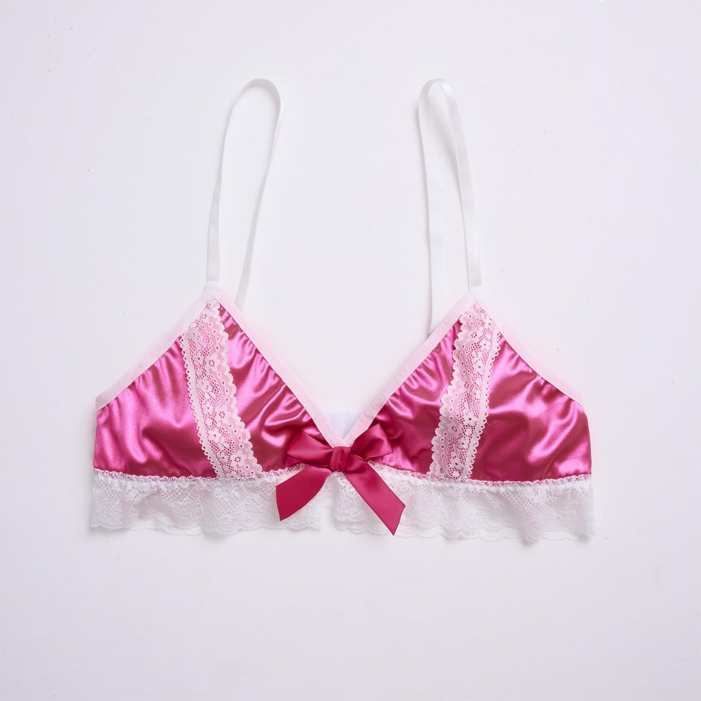 Men's Lingerie Bra - Shiny Silk Satin Bralette Floral Lace Trim - Sissy Top - Crossdressing