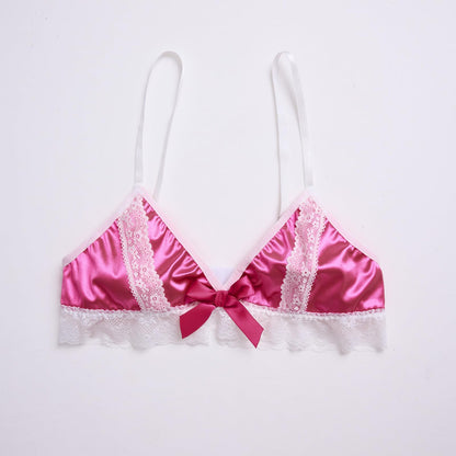 Men's Lingerie Bra - Shiny Silk Satin Bralette Floral Lace Trim - Sissy Top - Crossdressing