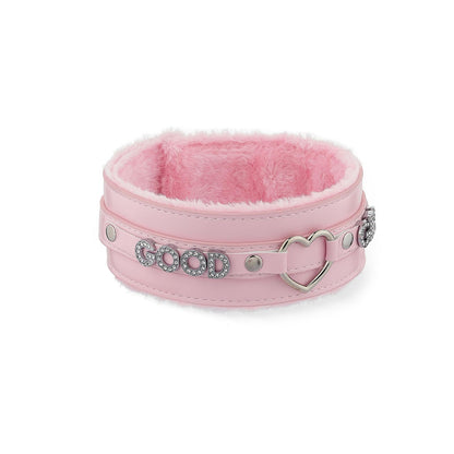Pink Furry Heart O-ring Leather Choker For Women, Adjusted to 13.5"-18"