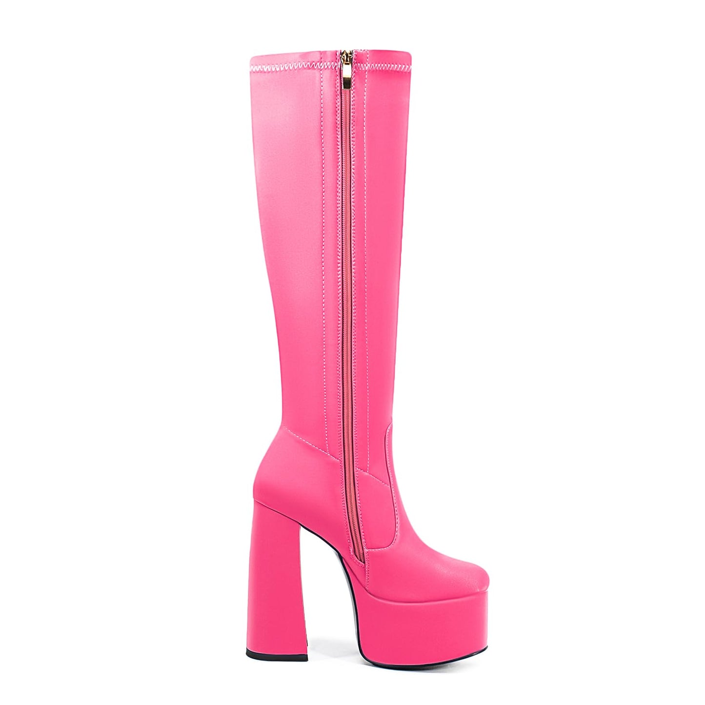 chunky heel Black White Red yellow knee high boots Platform Stretch boots Round toe Side zipper Sexy Super high heel hot pink shoes for women unisex-Magenta satin