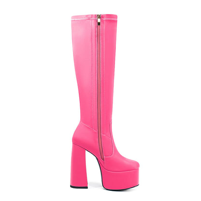 chunky heel Black White Red yellow knee high boots Platform Stretch boots Round toe Side zipper Sexy Super high heel hot pink shoes for women unisex-Magenta satin