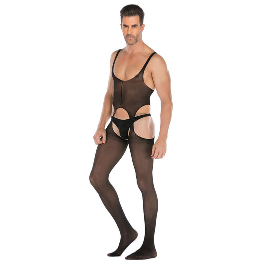 SINROYEE Men's Sheer Lace Lingerie Sissy clothes Sexy Tight Cut Out Elastic Nightgown One-piece Bodysuit (8)