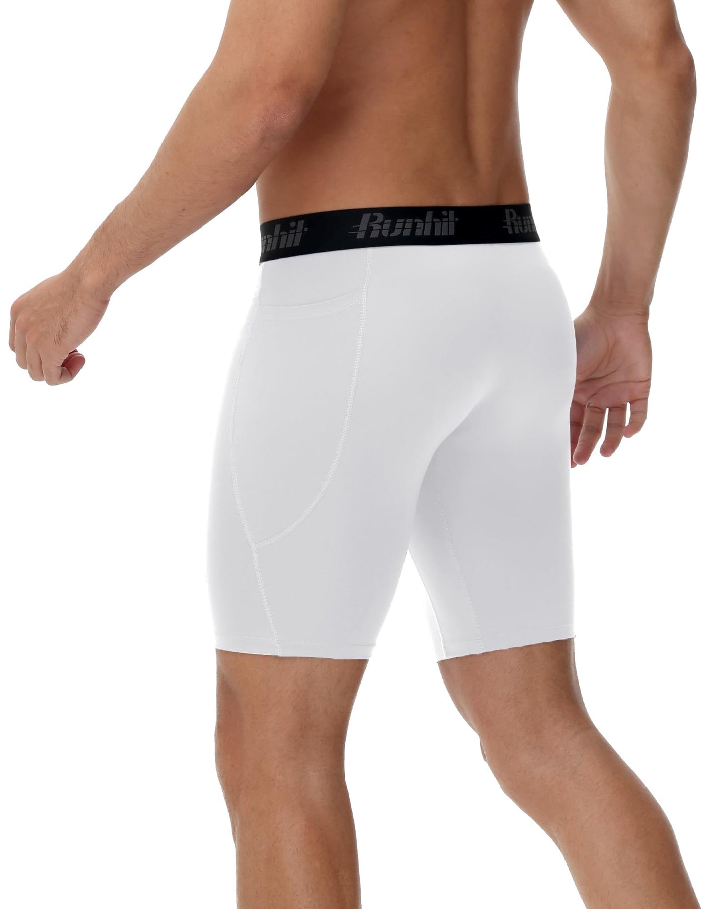 Runhit Mens Compression Shorts with Pocket, Spandex Athletic Workout Shorts, Performance Underwear Running 2 Pack White White S