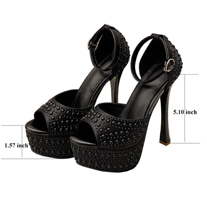 TSKLIYER Womens Black Heels Peep Open Toe Heels 5.1 Inch Platform Heeld Sandals Party Prom Catwalk Shoes (Black,6.5)
