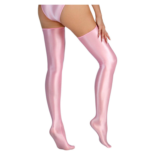 Men's Sissy High Over Knee Glossy Oil Shiny Stocking, Femboy Thigh High Stockings, for Cross-dressing (US, Alpha, One Size, Regular, Regular, Pink)