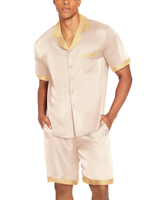 Ekouaer Men Satin Silk Pajamas Set with Pockets Sleepwear Shorts Satin Summer Loungewear 2 Piece Button Down Set S-3XL Champagne