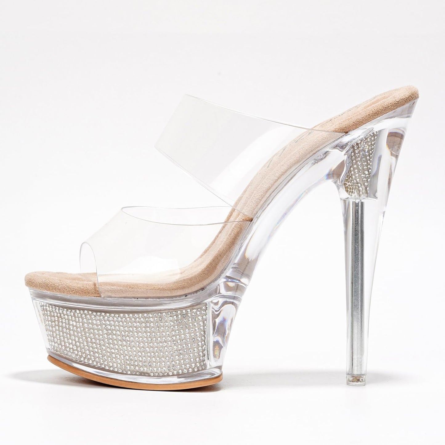 Women's Clear Platform Stiletto Heels | Slip-On Rhinestone Transparent Straps, Round Toe (Ferrara) - Nude Size 10