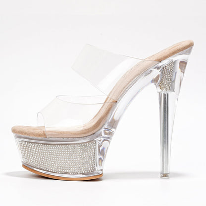 Women's Clear Platform Stiletto Heels | Slip-On Rhinestone Transparent Straps, Round Toe (Ferrara) - Nude Size 10