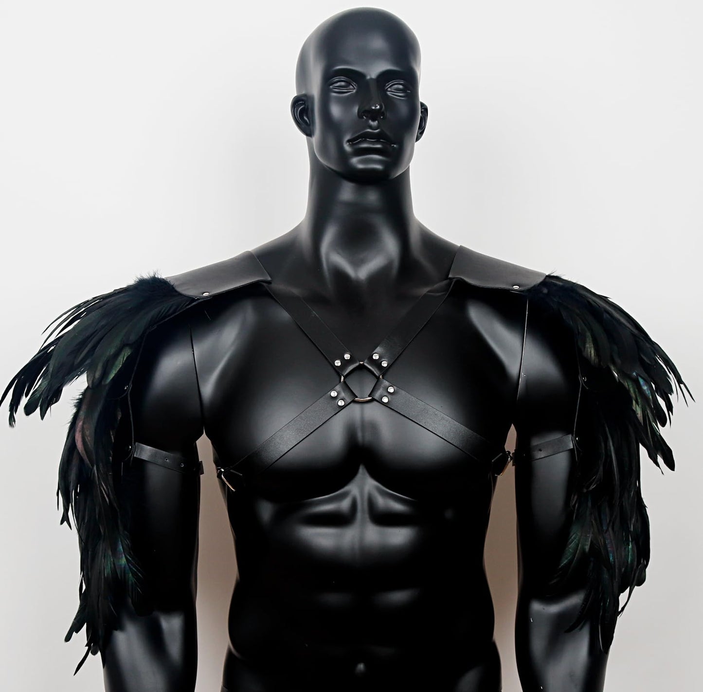 Gothic Men's Feather Shoulder Piece Punk Leather Harness, Black