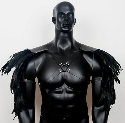 Gothic Men's Feather Shoulder Piece Punk Leather Harness, Black