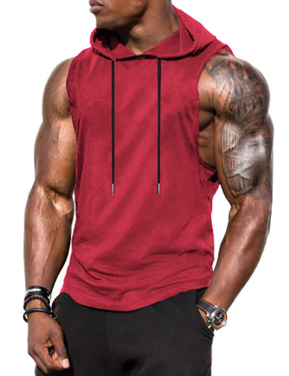 Babioboa Men's Dry Fit Workout Athletic Tank Tops with Hoodie, Performance Sleeveless Vest Gym Muscle Shirts(Light Wine Red Small)