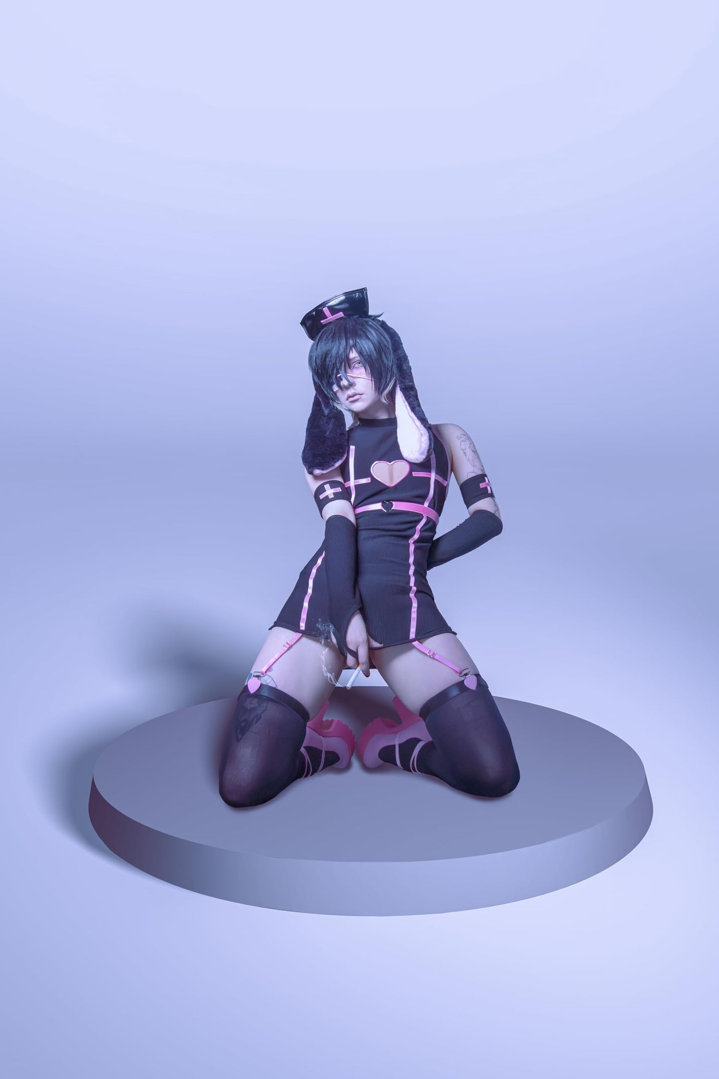 Men Bunny Nurse Set Kawaii Cosplay Lingerie Bodysuit (Black, S)
