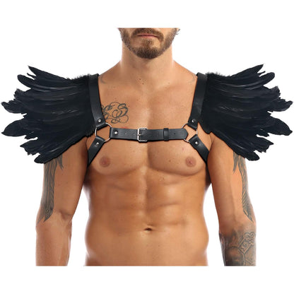 Men Vintage Natural Real Feather Epaulet Shrug Leather Belt Shoulder Strap for Halloween Costume, Belt Black