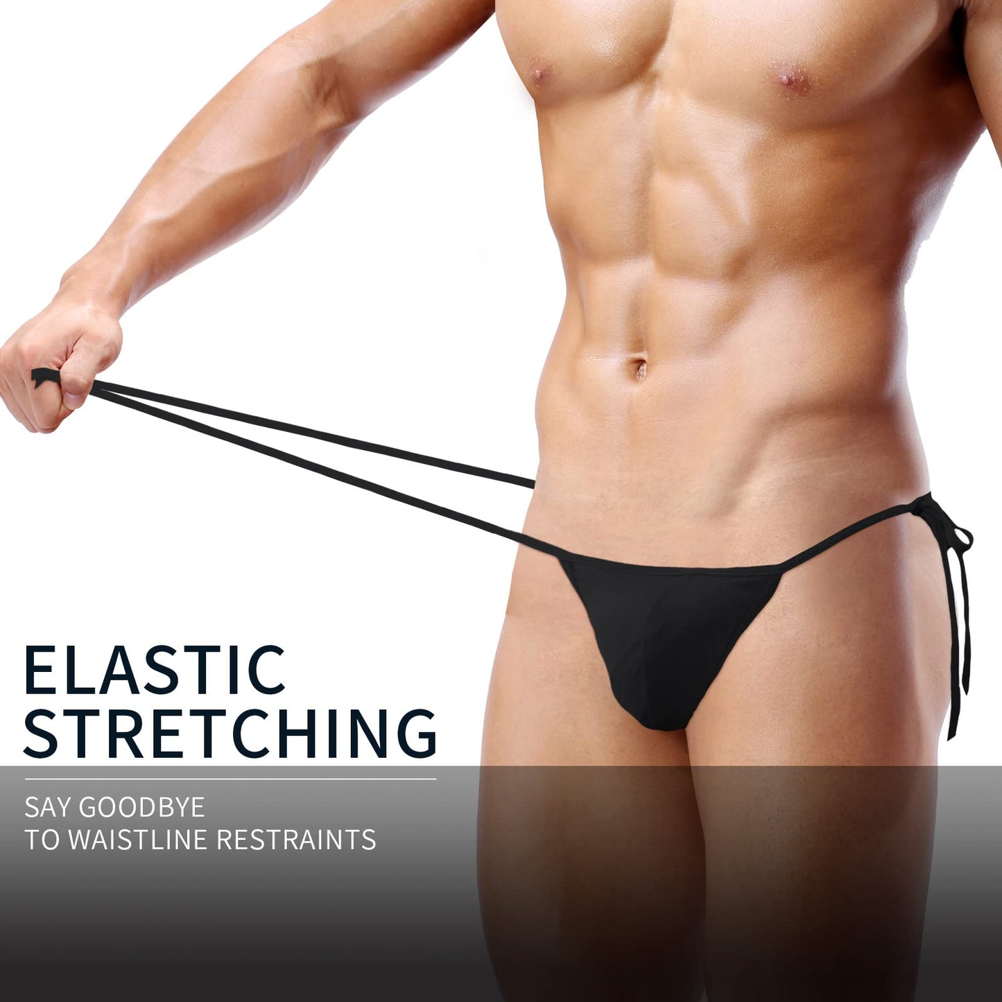 JEERLEEP Mens Sexy ice Silk Bikini Tie Side G String T Back Thongs Briefs Adjustable Underwears(Black)