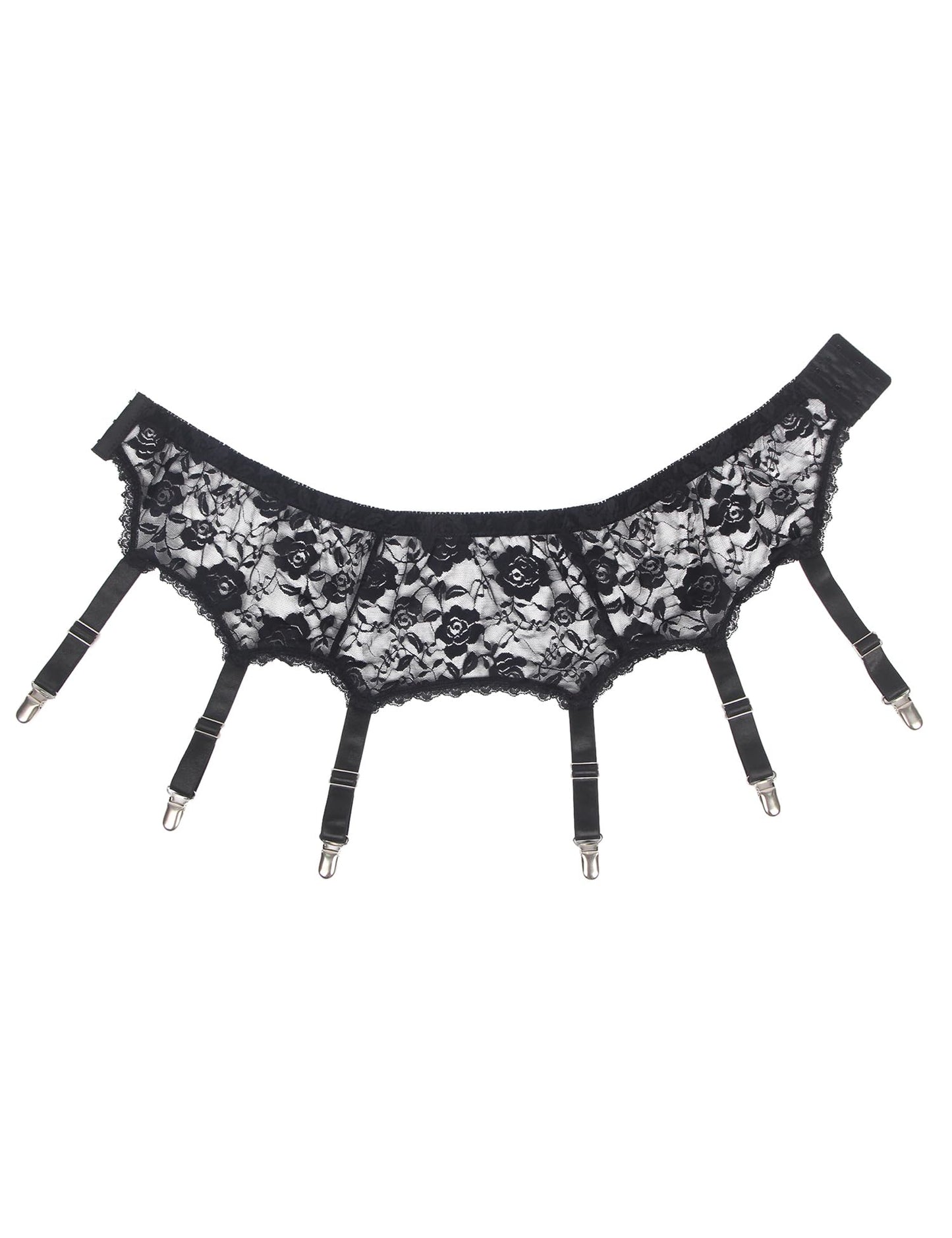 Men's 6-Strap High-Waist Black Lace Garter Belt with Fishnet Stockings Set Adjustable Suspenders Metal Clamps Garter Belts for Thigh Highs, S