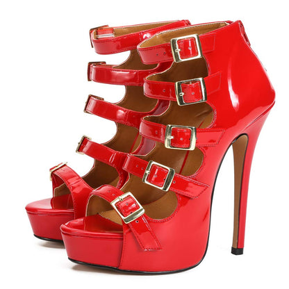 Unisex Men's Women's Gladiator Platform Sandals, Buckle Parallel Straps, Stiletto High Heel, 6.3 Inch Heel Summer Ankle Boots Red EU45 - US Size 12 Women/10.5 Men