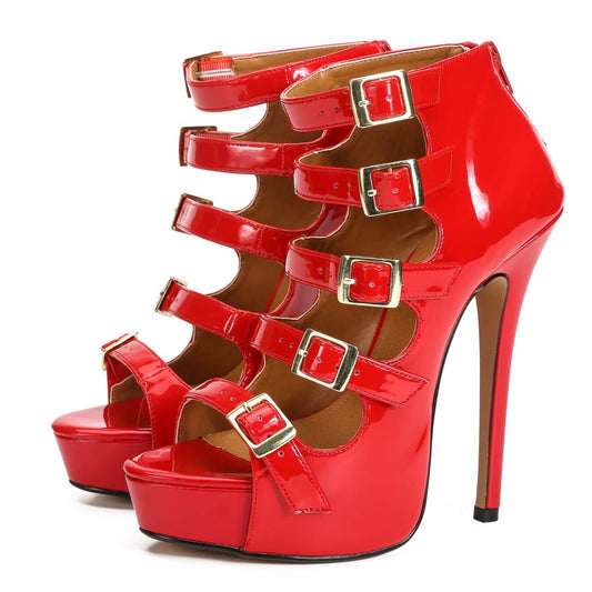 Unisex Men's Women's Gladiator Platform Sandals, Buckle Parallel Straps, Stiletto High Heel, 6.3 Inch Heel Summer Ankle Boots Red EU45 - US Size 12 Women/10.5 Men