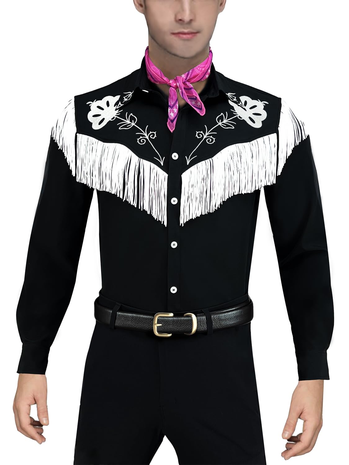 Cowboy Costume With Scarf Western Long Sleeve Fringe Shirt Halloween Cosplay For Mens Boys-X-Large