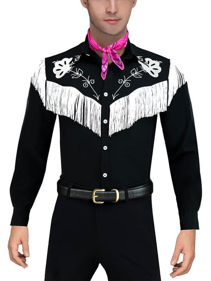 Cowboy Costume With Scarf Western Long Sleeve Fringe Shirt Halloween Cosplay For Mens Boys-X-Large