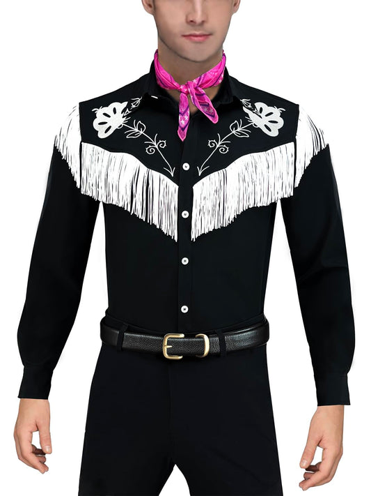 Cowboy Costume With Scarf Western Long Sleeve Fringe Shirt Halloween Cosplay For Mens Boys-X-Large