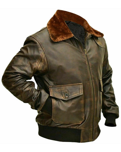 Brown Aviator G-1 Men Distressed Real Leather Bomber Flight Jacket - G1 Leather Naval Flight Jacket