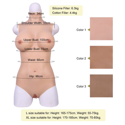 Silicone Bodysuit E Cup Short Version Realistic Breastplate Crossdressing Apparel Male to Female Crossdresser (Color 2, L-Cotton Filler)
