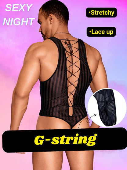 Mesh Bodysuit For Men, Mens Thong Lingerie, Sheer Tank Top Man, Sissy Clothes Singlet Sexy Underwear Fishnet Gay, Black, Medium