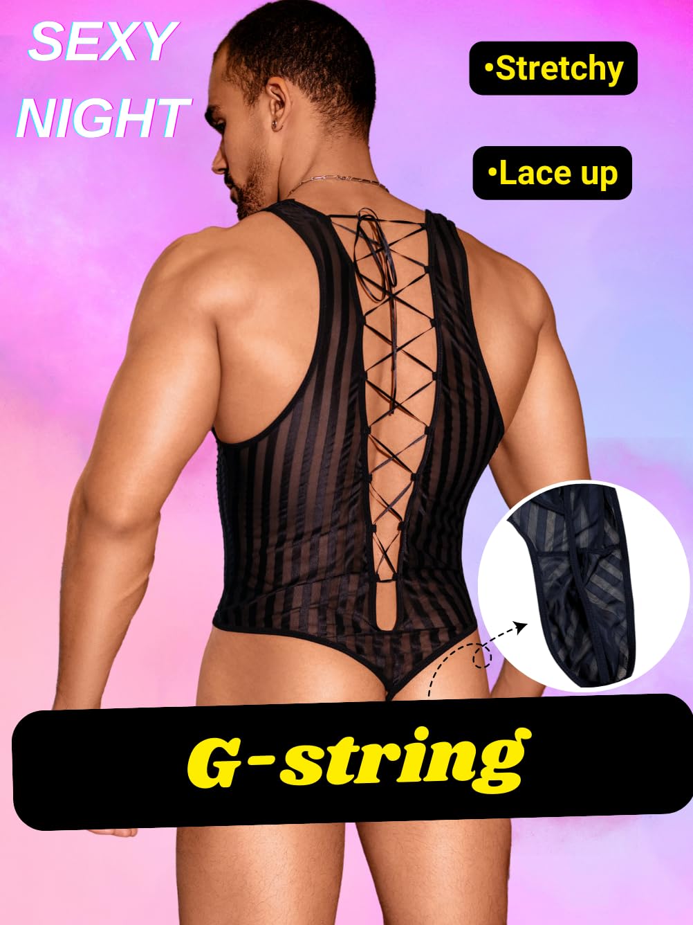 ChiaoLezhee Mesh Bodysuit For Men, Mens Thong Lingerie, Sheer Tank Top Man, Sissy Clothes Singlet Sexy Underwear Fishnet Gay, Black, Large