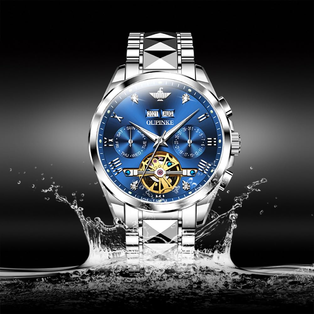 Men's Luxury Watch Automatic Mechanical Self Winding Sapphire Crystal Tungsten Stainless Steel Waterproof Two Tone Business Dress Watches (Blue)
