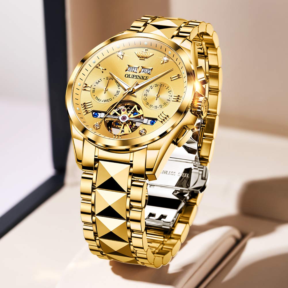 OUPINKE Mens Automatic Watches Diamond Skeleton Self Winding Luxury Dress Wrist Watch Sapphire Crystal Tungsten Steel