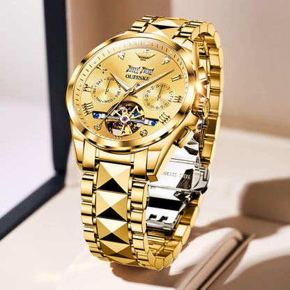 OUPINKE Mens Automatic Watches Diamond Skeleton Self Winding Luxury Dress Wrist Watch Sapphire Crystal Tungsten Steel