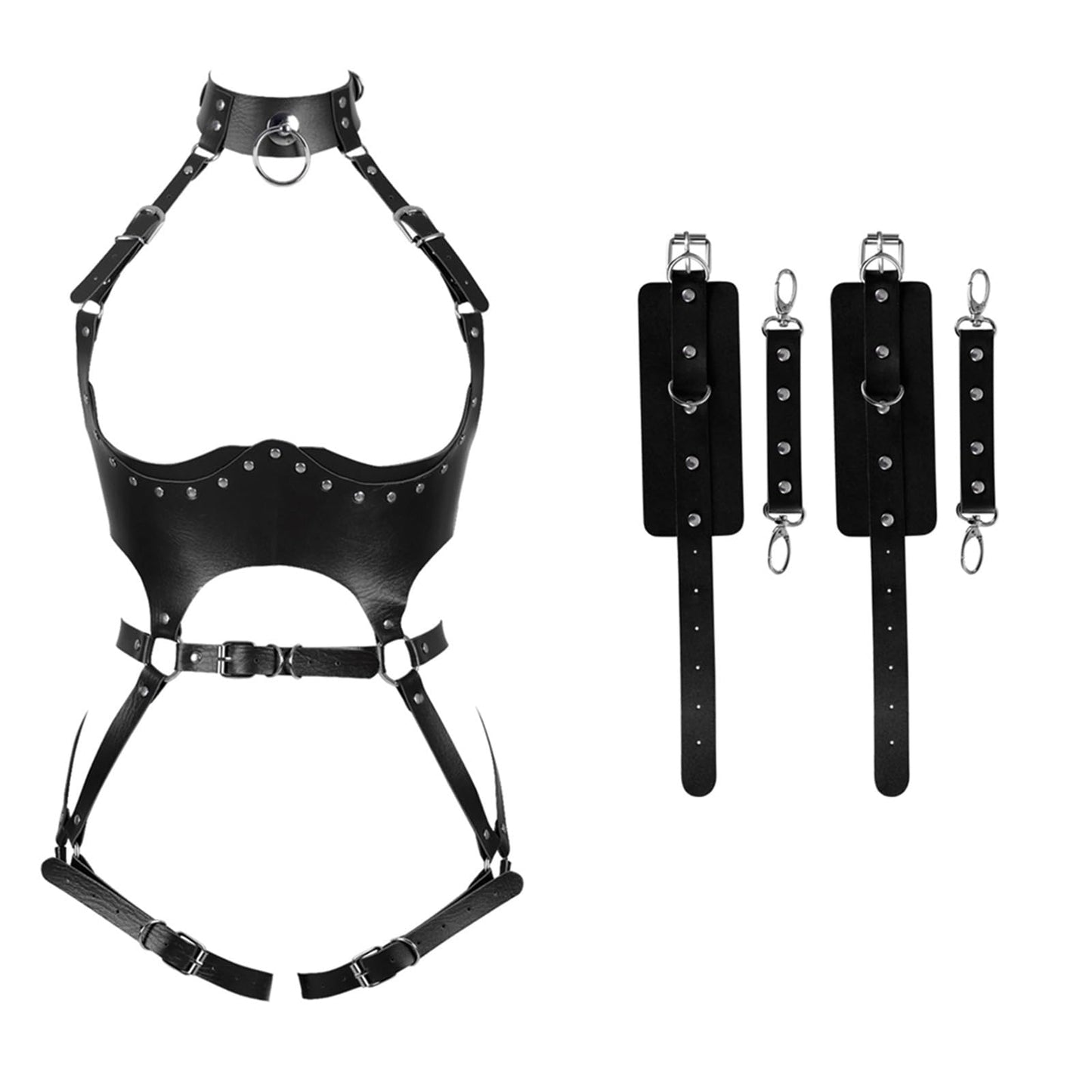 FOTN Women Punk PU Leather Body Waist Belt Bodysuit Bondage Body Harness Belt Sexy Lingerie Leg Garter Hollow Open Chest Bra BDSM (Color : Black, Size : One Size)