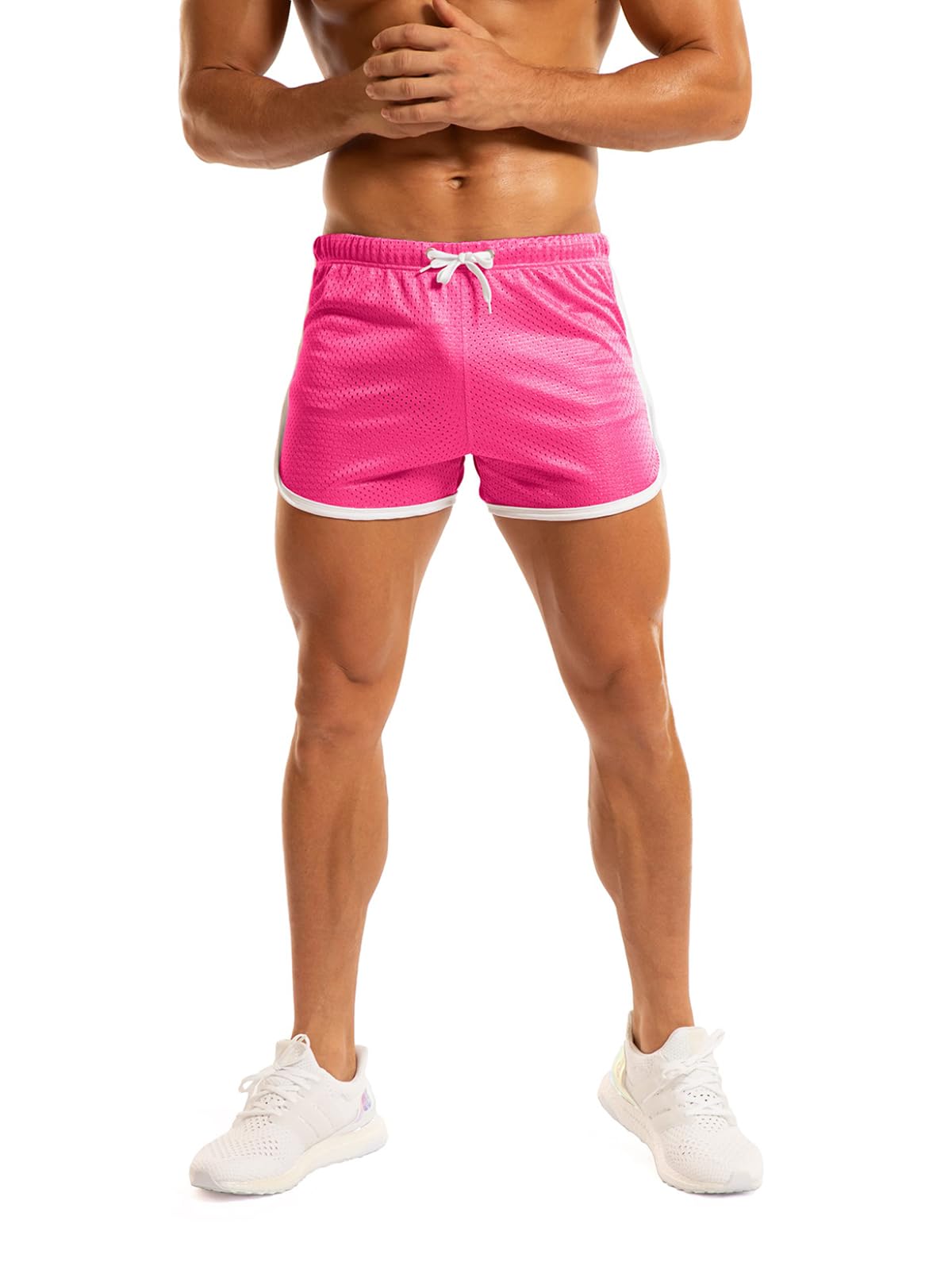 Ouber Men's Fitted Shorts Bodybuilding Workout Gym Running Tight Lifting Shorts (Pink, Medium)