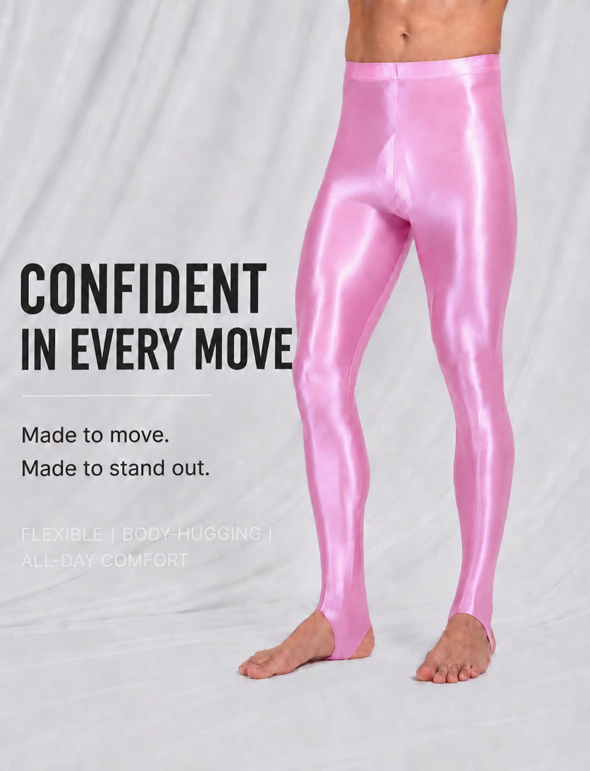 Men's Sheer See Through Oil Shiny Glossy Satin Tights Skinny Transparent Pantyhose Footed Leggings Pink M