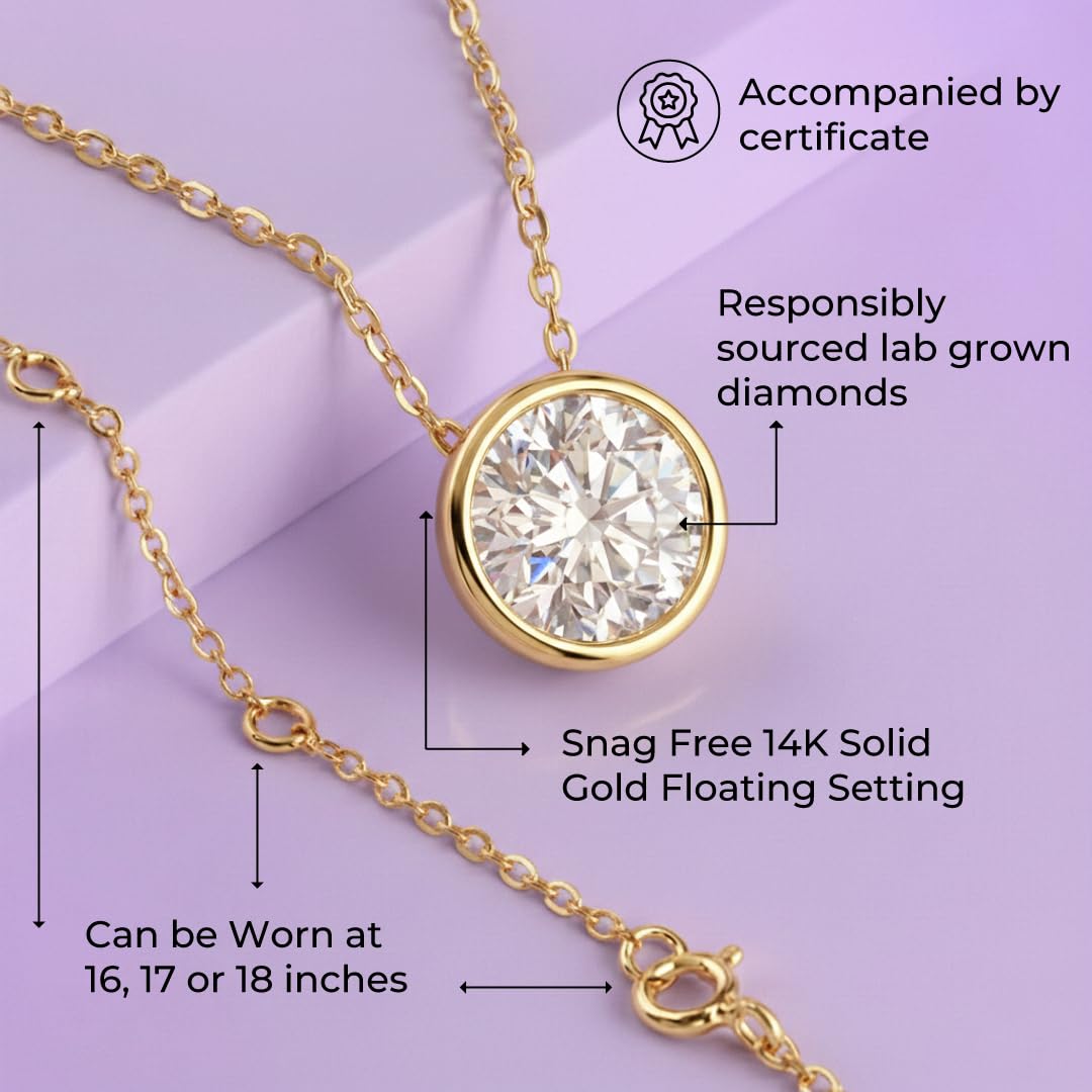 La Joya Bezel Set Necklace | 2 Carat Lab Created Diamond Necklace | Solid 10 Karat Yellow Gold Solitaire Floating Diamond Pendant | Certified by Gemologist | Ideal Diamond Jewelry for Women