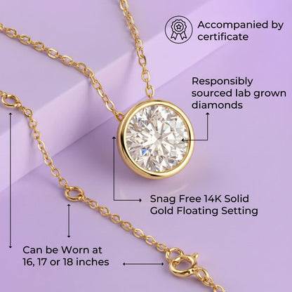 La Joya Bezel Set Necklace | 2 Carat Lab Created Diamond Necklace | Solid 10 Karat Yellow Gold Solitaire Floating Diamond Pendant | Certified by Gemologist | Ideal Diamond Jewelry for Women