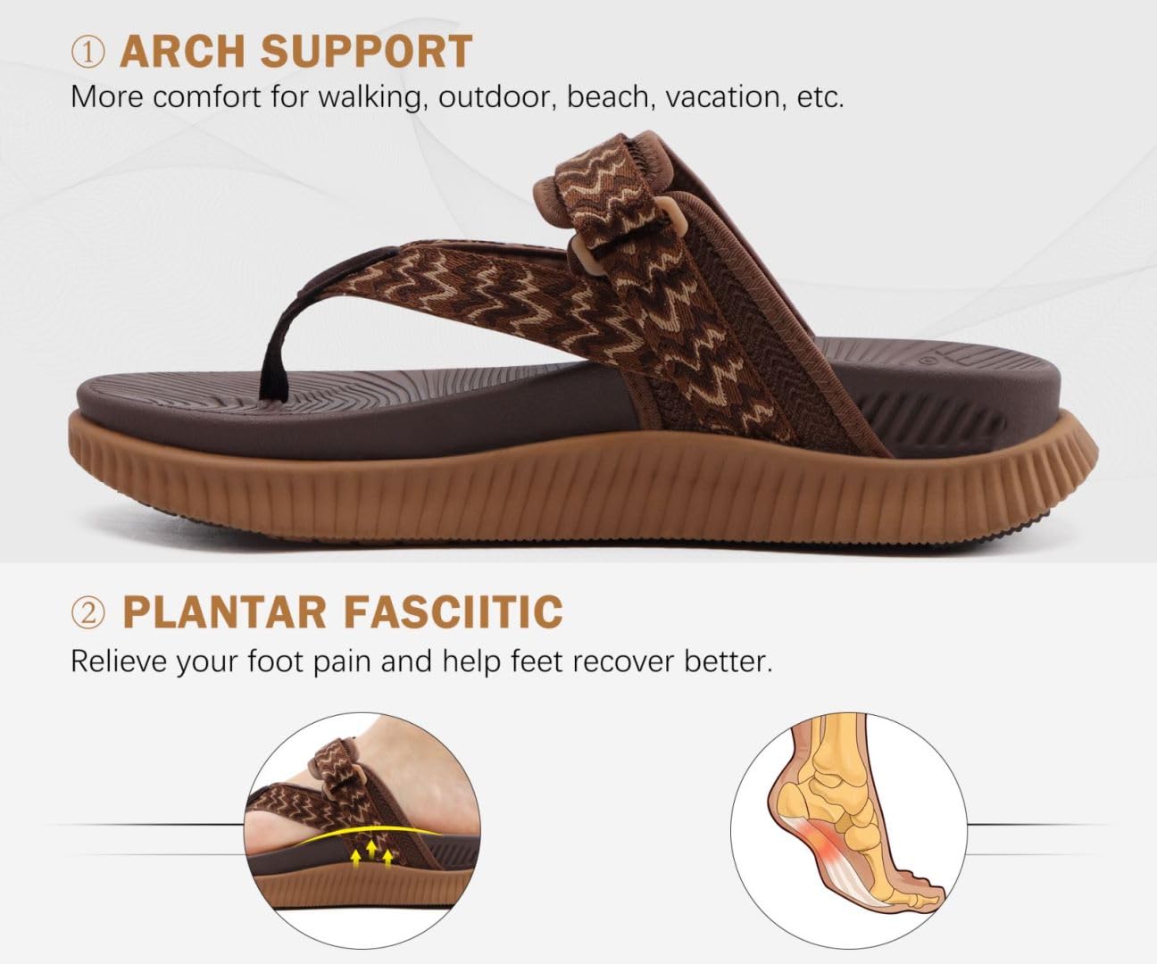 KuaiLu Womens Orthotic Flip Flops Cushion Recovery Walking Sandals For Woman Ladies Summer Casual Dressy Sandals Outdoor Beach With Comfortable Plantar Fasciitis Arch Support, Brown Khaki US12