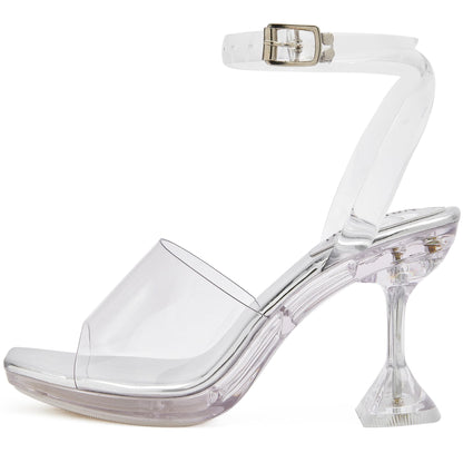 NBUUNBU Clear Ankle Strappy Heels for Women Sexy Transparent Straps Buckle Platform Kitten High Heel Comfortable Cinderella Shoes Stilletos Square Toe Sandals Mules Pump