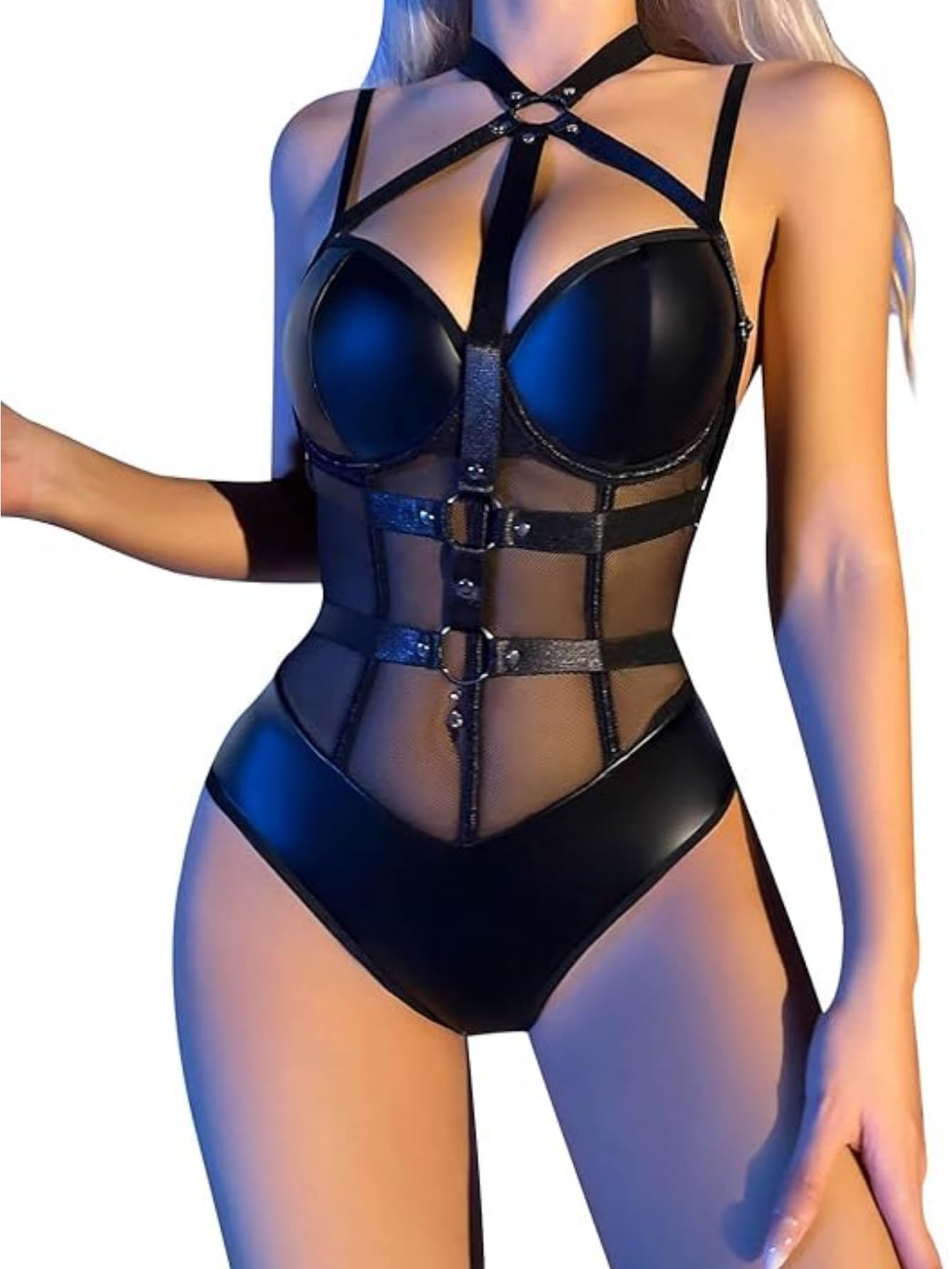 uwsic Gothic Lingerie for Women Leather Bodysuit Mesh Patchwork Wet Halter Neck Leotard Clubwear Black Medium