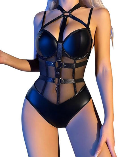uwsic Gothic Lingerie for Women Leather Bodysuit Mesh Patchwork Wet Halter Neck Leotard Clubwear Black Medium