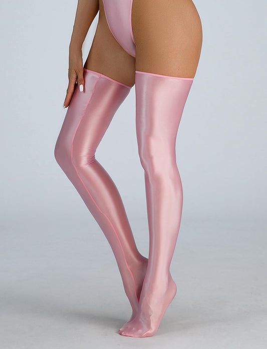 Sissy Oil Glossy Thigh High Shiny Sheer Stockings Pink