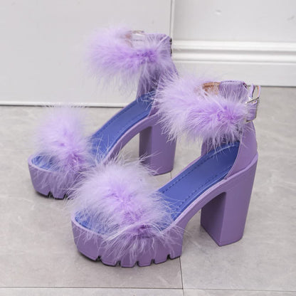 Women'S Faux Fur Chunky Heel Sandals Platform Open Toe Fuzzy Ankle Strap Sexy Colorful Wedding Dress Heels(Purple,8