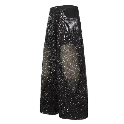 DYYLZYJ Rhinestone Jeans for Men High Waist Wide Leg Y2K Streetwear Embellished Bling Sparkly Glitter Jeans Black Medium