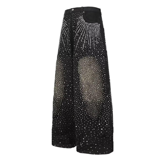 DYYLZYJ Rhinestone Jeans for Men High Waist Wide Leg Y2K Streetwear Embellished Bling Sparkly Glitter Jeans Black Medium