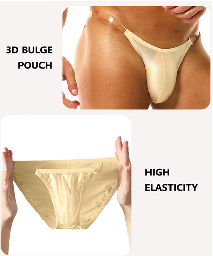 PAIZH Men's Sexy Ice Silk Bikini Low Rise Soft See-through String Cut Briefs Bulge Pouch Underwear Beige XL