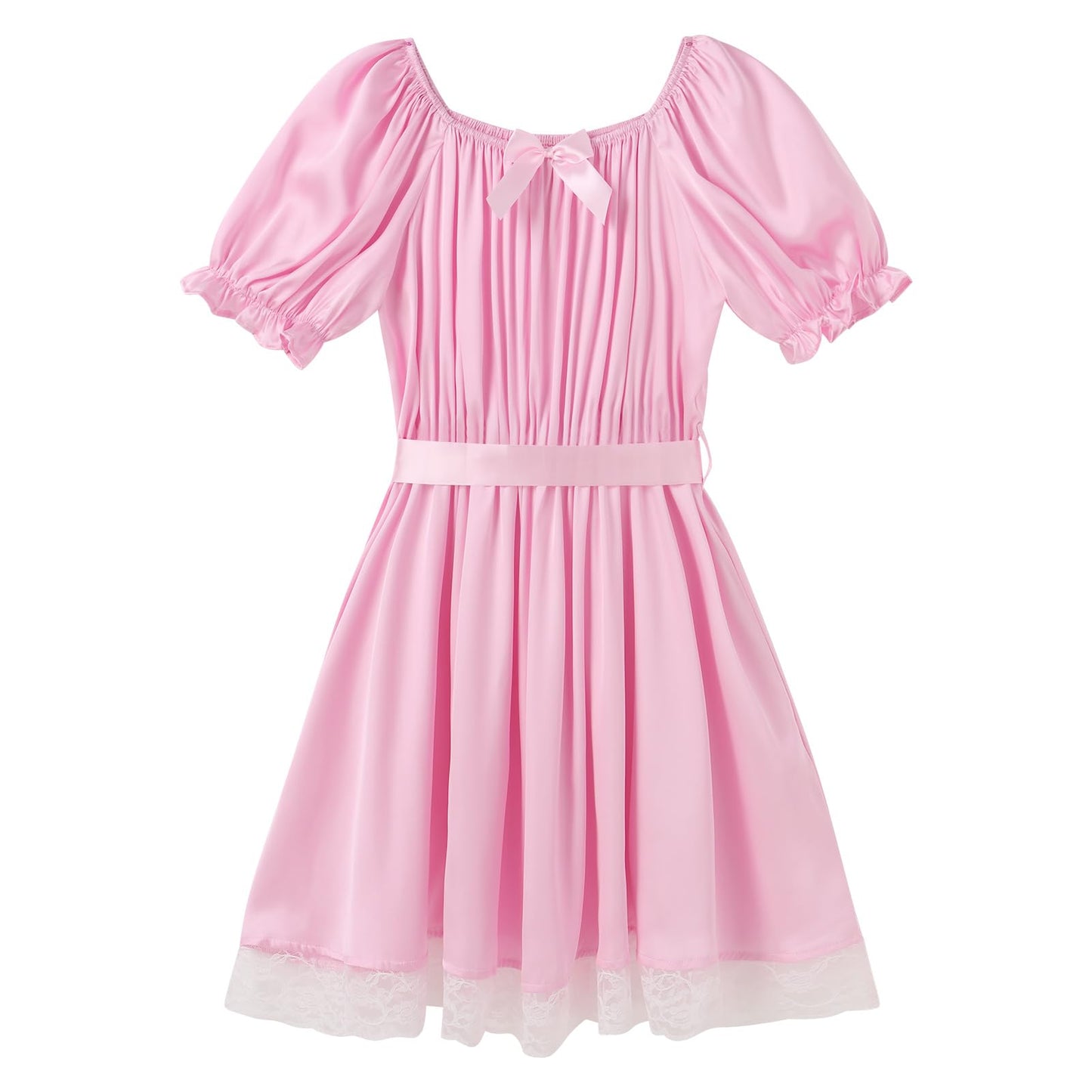 Sissy Mini Nightdress for Men Frilly Ruffle Square Neck Bowknot Lace Trim Satin Ruffle Nightdress Light Pink One Size